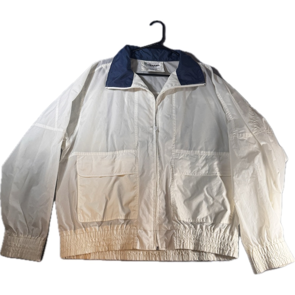 Haband Vintage White Nylon Windbreaker Jacket Navy Collar Mens 2X Full Zip 341